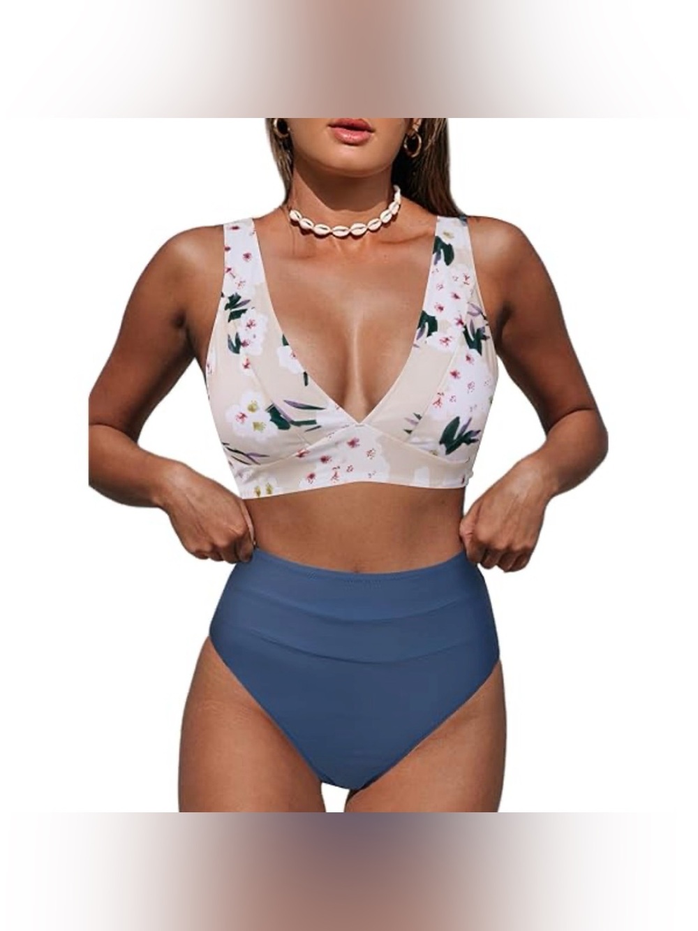 White Floral V-Neck Bikini Top & Blue High-Waist Bottoms